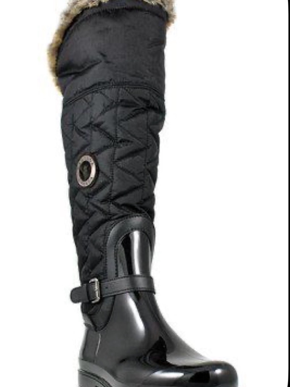 Santana Canada Black Quilted Knee-High Rain Boots with Fur Trim